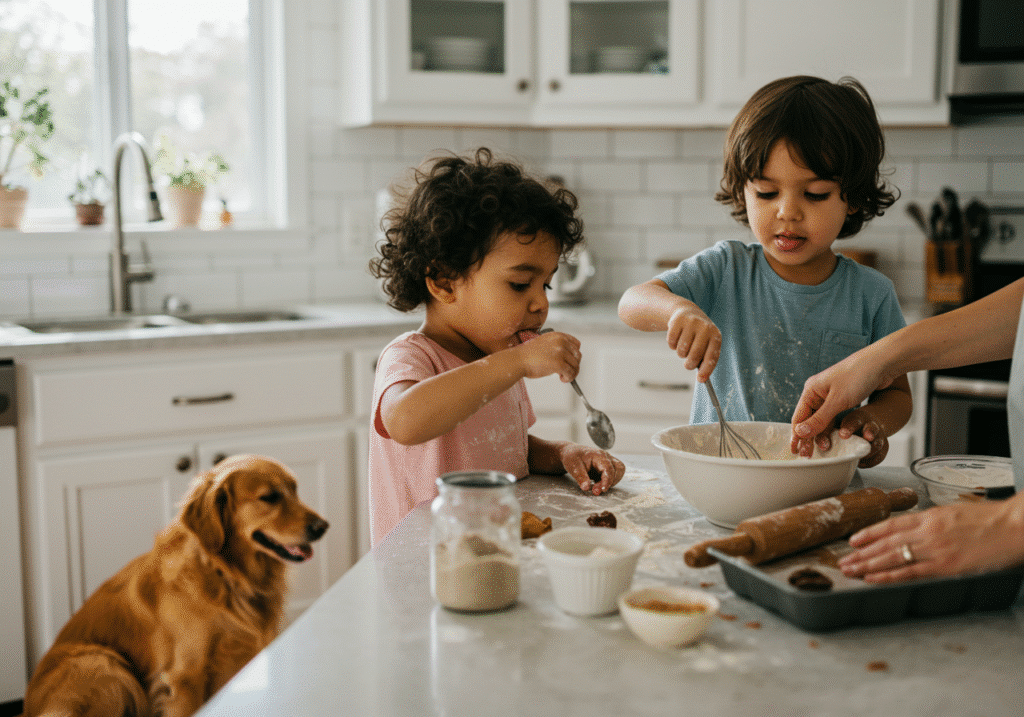 About me 2 Two young children baking together at a kitchen counter while a golden retriever sits nearby. One child is licking a spoon, the other is whisking batter, with flour and baking tools scattered on the couter