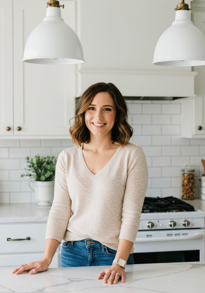 About me 1 Portrait of Sylvie Rowan smiling in her cozy kitchen, wearing a beige sweater and standing at a white counter